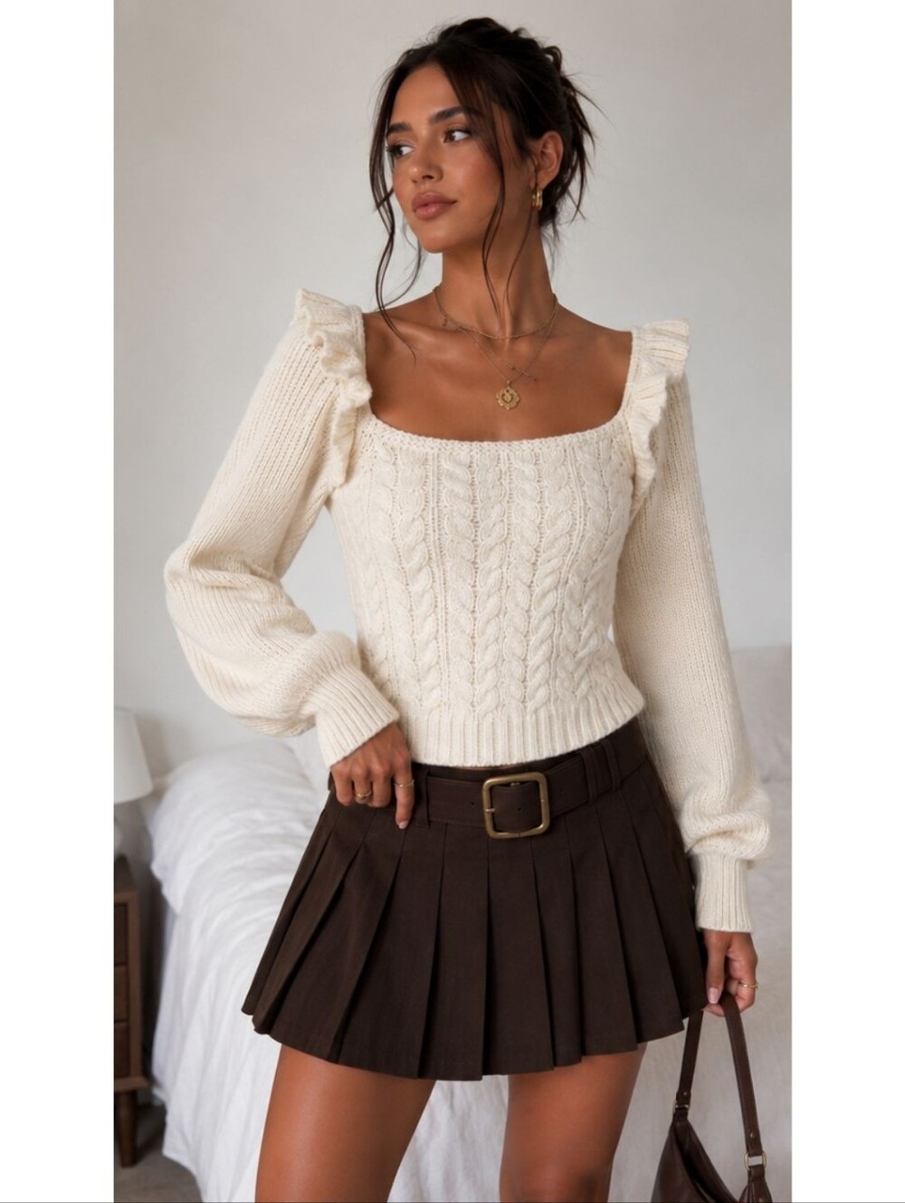 Zara Chunky CableKnit Sweater Ruffle Ivory White Long Sleeve Bow Cropped